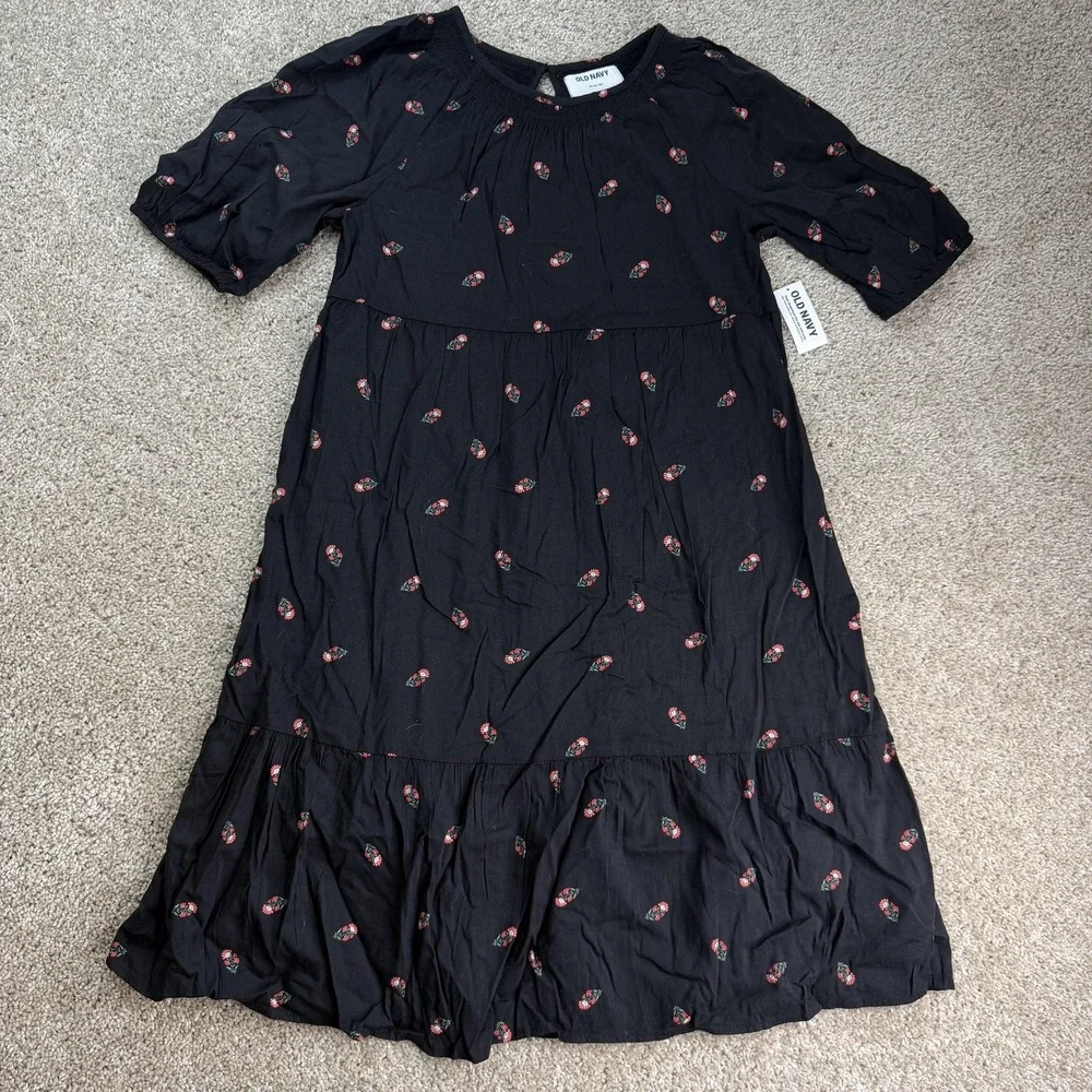 Old Navy Dress Girls XL 14-16 Black Floral Midi Puff Sleeve Ruffle Hem Casual